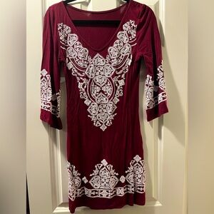Size small burgundy dress with white embroidery short dress